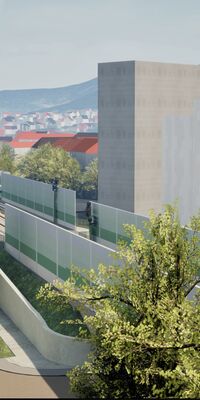 Eine Visualisierung der zukünftigen Situation am Haltepunkt Freiburg-Herdern: Mittig im Bild führt eine barrierefreie Rampe zu den Bahnsteigen. Rechts davon liegt die Rheintalbahn hinter Schallschutzwänden verborgen.