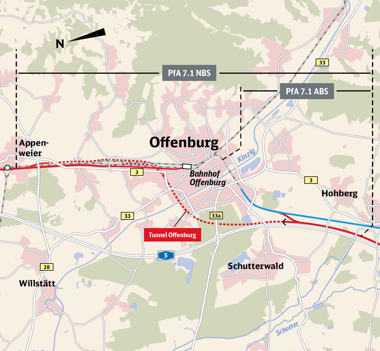 Karte des Planfeststellungsabschnitts 7.1 inklusive Tunnel Offenburg