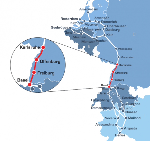 Eine Karte des Eisenbahn-Korridors Genua-Rotterdam. Die Strecke Karlsruhe-Basel ist rot markiert und vergrößert.