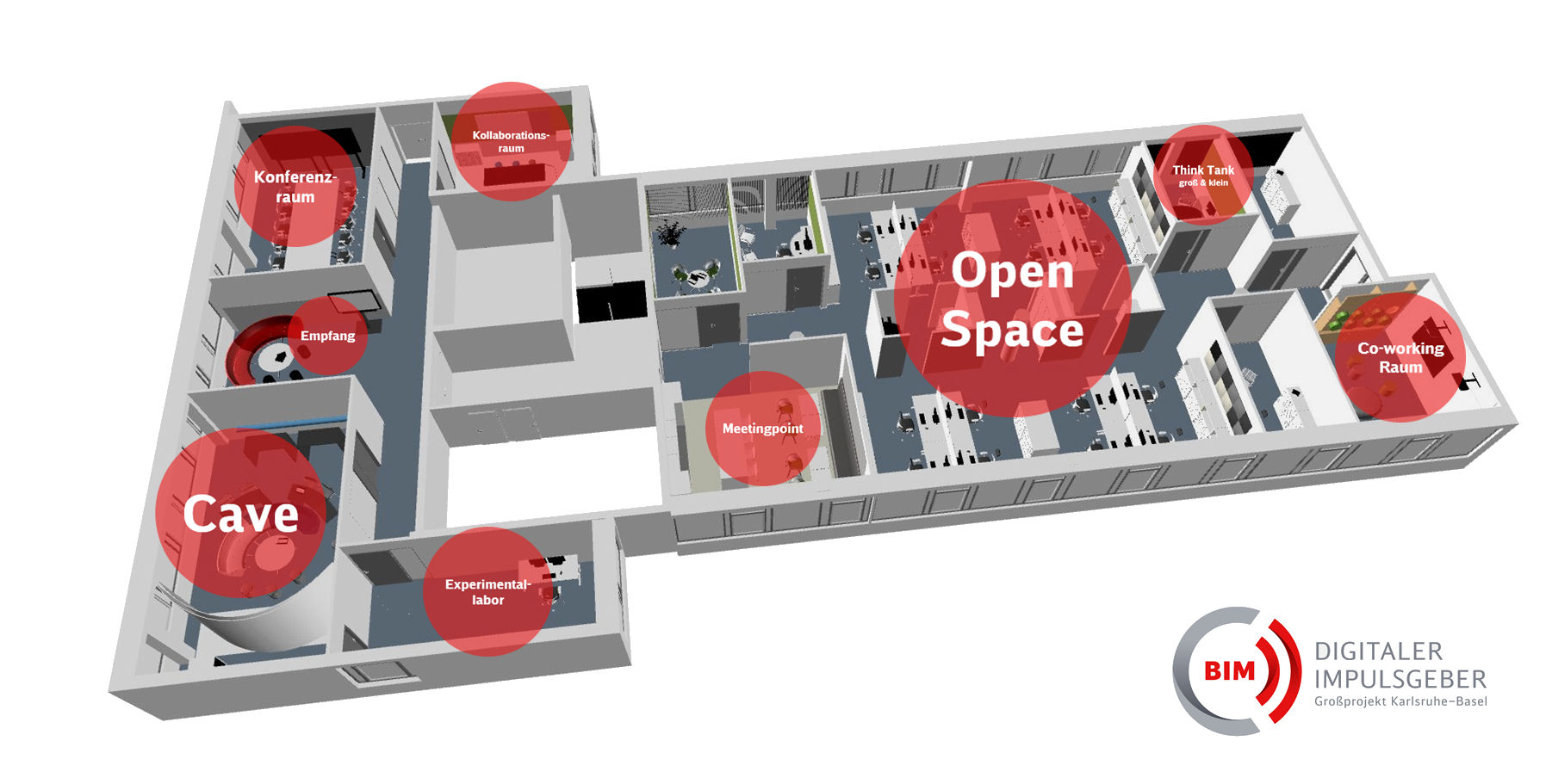 Visualisierung des BIM-Lab mit Beschriftung der einzelnen Räume