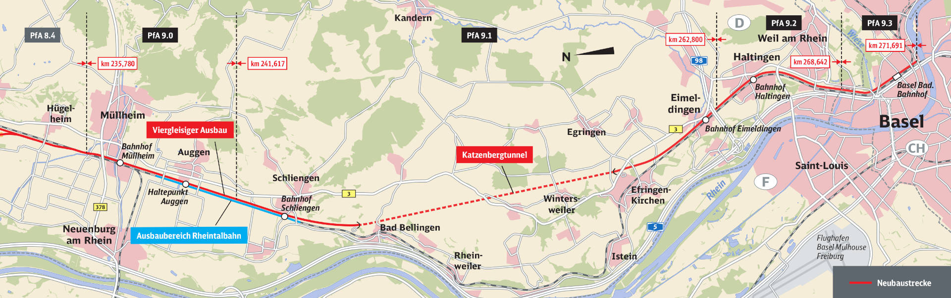 Karte Streckenabschnitt 9 mit den Planfeststellungsabschnitten 9.0, 9.1, 9.2 und 9.3