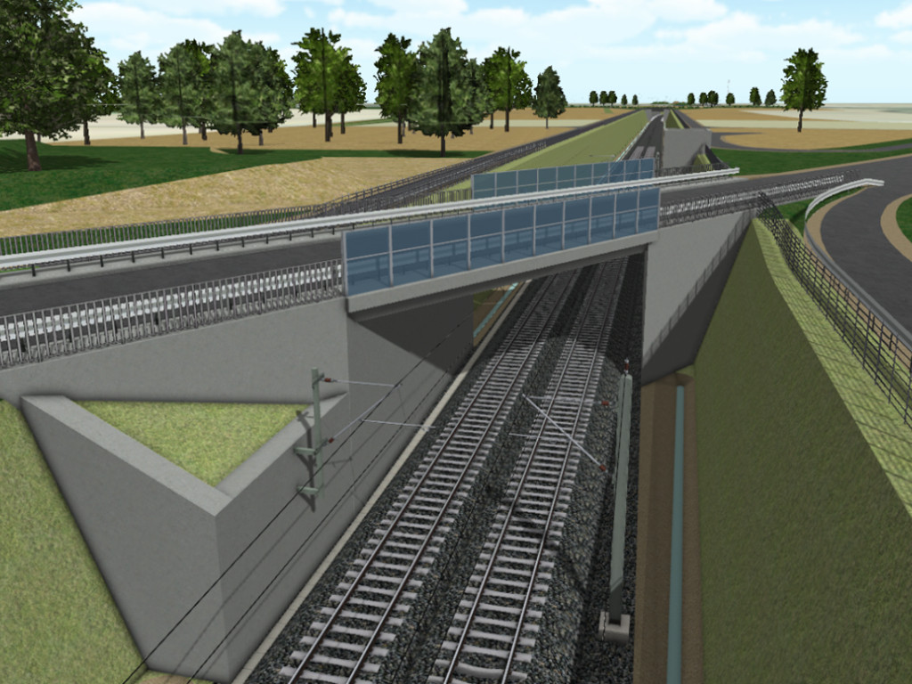 Virtuelle Darstellung eines Kreuzungsbauwerkes über eine zweigleisige Bahntrasse.