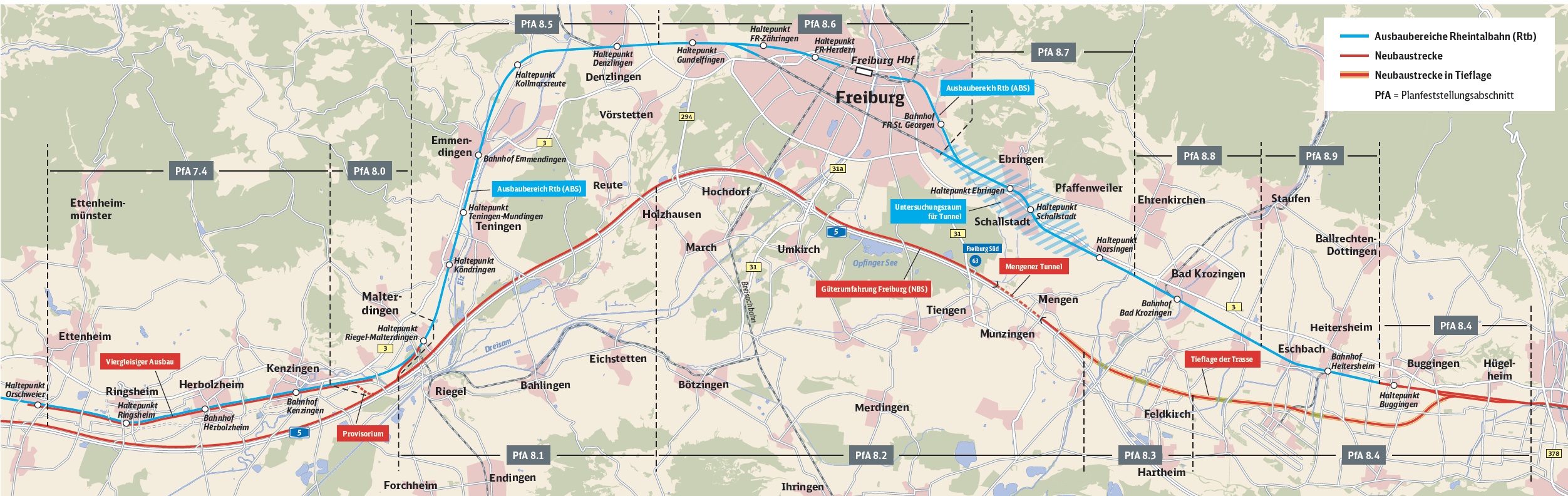 Karte Streckenabschnitt 8 mit den Planfeststellungsabschnitten 8.0, 8.1, 8.2, 8.3, 8.4, 8.5, 8.6, 8.7, 8.8, 8.9