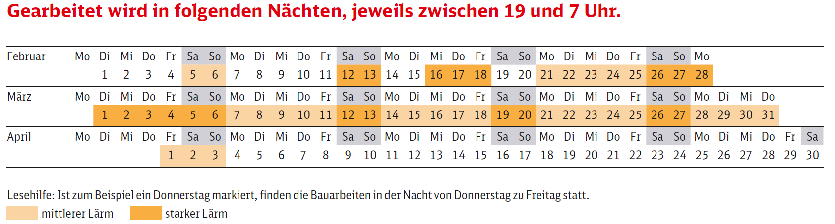 Tabelle mit den geplanten Nachtarbeiten